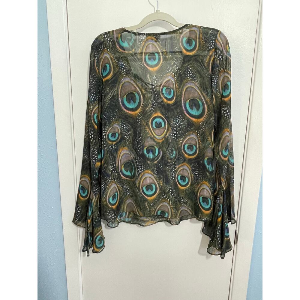Show Me Your Mumu Blouse Large Sheer Peacock Lace Up  Flounce Bell Sleeves - Picture 5 of 7